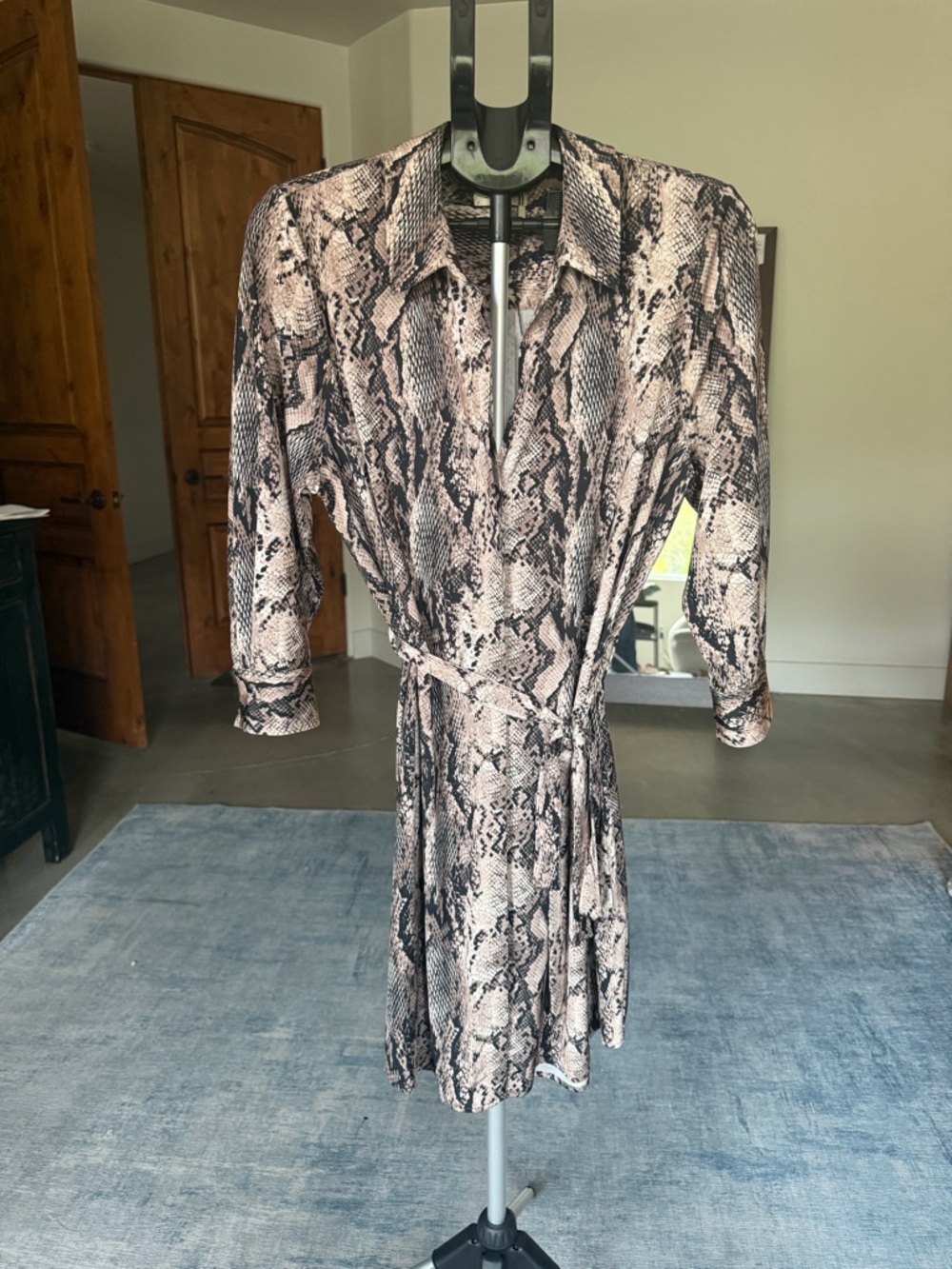 L'AGENCE Black and Beige Snake-Print Wrap Shirt Dress